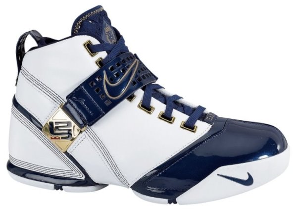 Lebron James Shoes: Nike Lebron V (5) Basketball Signature Sneakers - Blue, white and gold - Exterior side view.