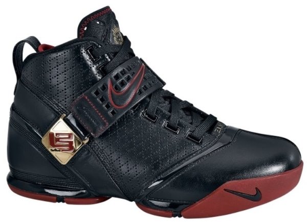 Lebron James Shoes: Nike Lebron V (5) Basketball Signature Sneakers - Black, red and gold, side view