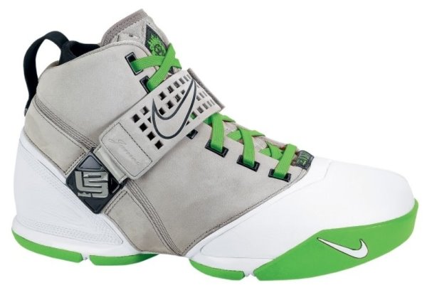 Lebron James Shoes: Nike Lebron V (5) Basketball Signature Sneakers - Green, grey and white, side view